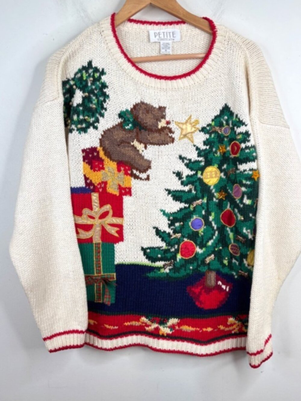 VTG Petite Sophisticate Hand Knit Christmas Sweater M Teddy Bear Tree Cream Red